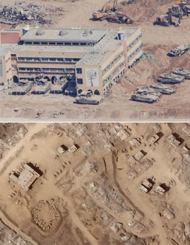 The picture shows tanks and diggers around the school building which can be seen on the lower left of the satellite imagery