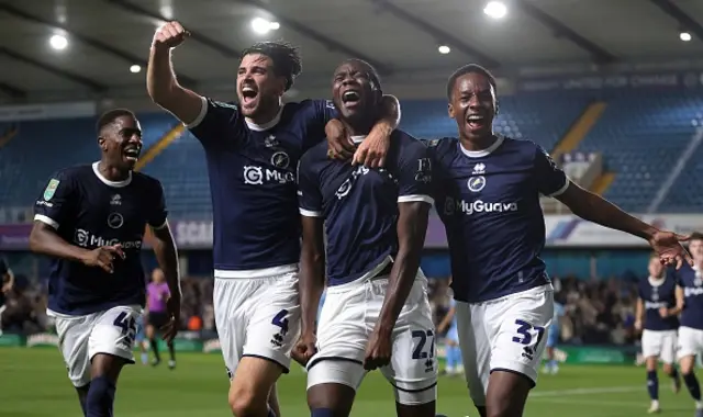 Kamarl Grant of Millwall goal celebration with Tristan Crama & Ra'ees Bangura-Williams of Millwall