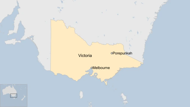 A map of Australia highlights the state of Victoria in yellow with Porepunkah to its North-East and the city of Melbourne to its South.