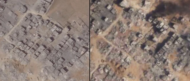 satellite imagery of the area near Gaza City comparing 23 August (left) with 26 August (right) where buildings have been demolished