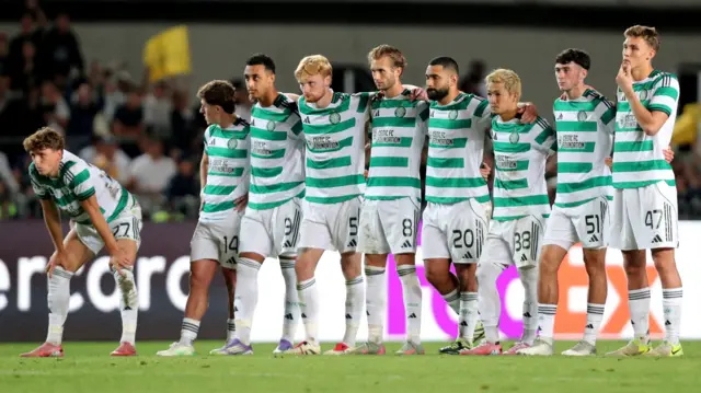 Celtic players looking anxious during their penalty shootout defeat by Kairat