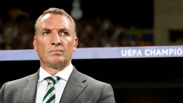 Manager Brendan Rodgers stood in front of his dugout for Celtic's Champions League game at Kairat