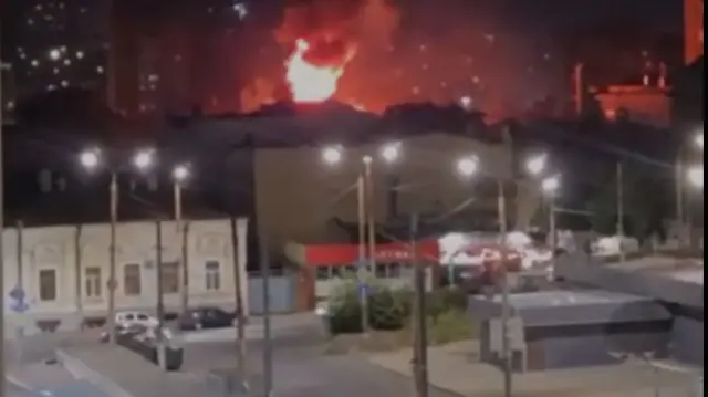 A building on fire in Rostov-on-Don, Russia