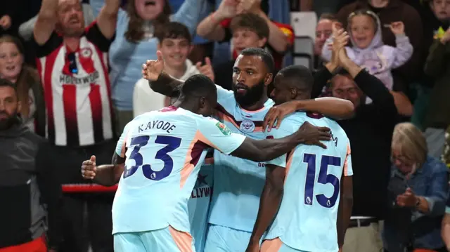 Brentford players congratulate Igor Thiago after he scores against Bournemouth in the EFL Cup
