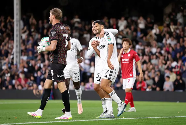 Raul Jimenez of Fulham celebrates his team's first goal,