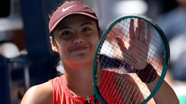 Emma Raducanu celebrates winning US Open round two match on Louis Armstrong in New York