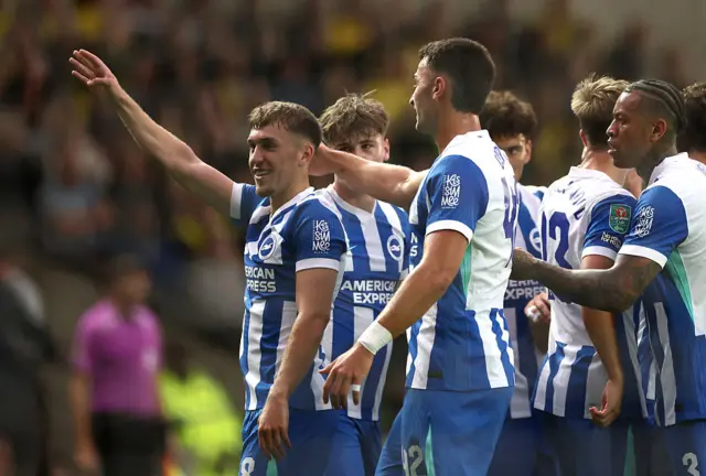 Brajan Gruda of Brighton & Hove Albion celebrates Olivier Boscagli (not pictured) scoring his teams their first goal