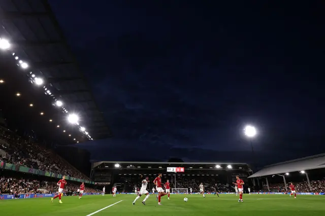 A general view of the Carabao Cup Second Round match between Fulham and Bristol City at Craven Cottage on August 27, 2025 in London, England.