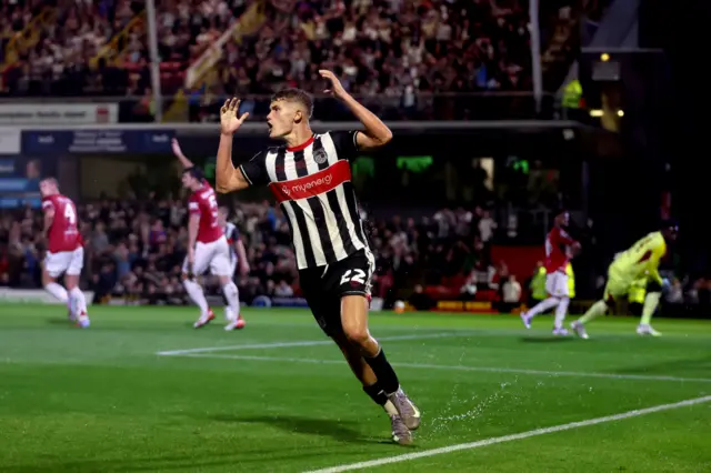 Grimsby Town’s Cameron Gardner reacts as he has a goal ruled out for offside