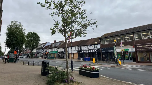 The centre of Epping high street. Planters and a tree are on the pavement in the foreground. Behind is the single-lane road, and shops in the background. It is a cloudy day.