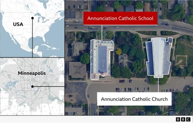 A map showing where Minneapolis is in the US and where the school is located in the state.