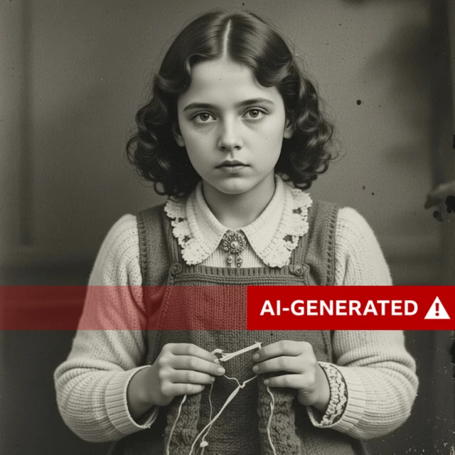 A black and white image of a girl with an AI-generated banner