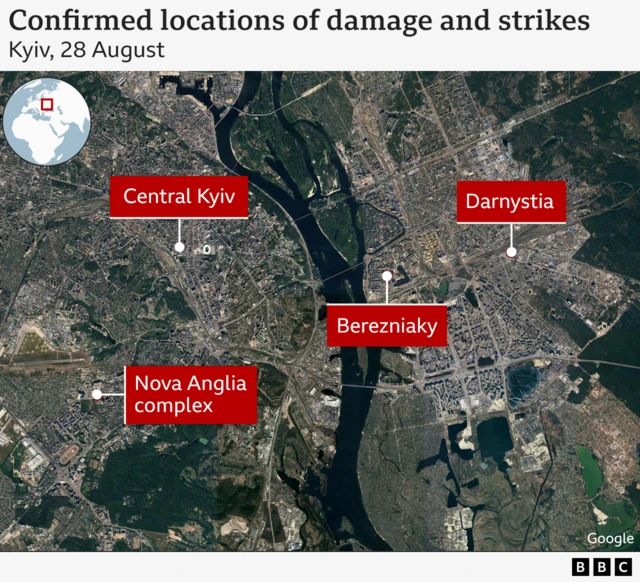 Map pointing to central Kyiv, Darnystia, Berezniaky and Nova Anglia complex
