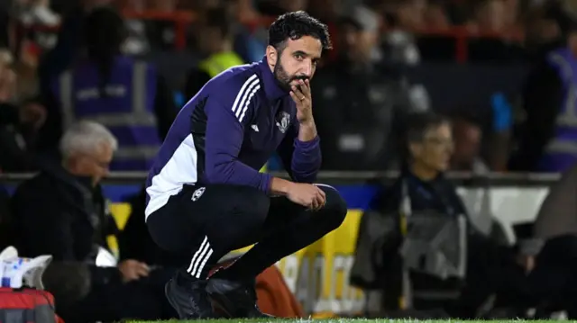 Ruben Amorim on the touchline during normal time at Blundell Park