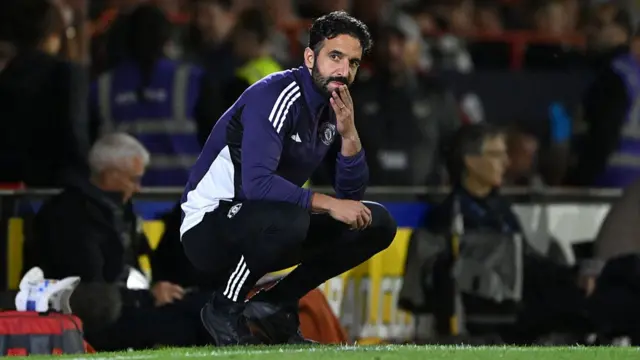 Manchester United manager Ruben Amorim looking pensive during his side's EFL Cup defeat by Grimsby