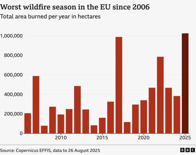A graph showing total area burned per year