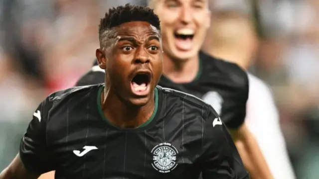 Miguel Chaiwa celebrates after scoring for Hibernian against Legia Warsaw