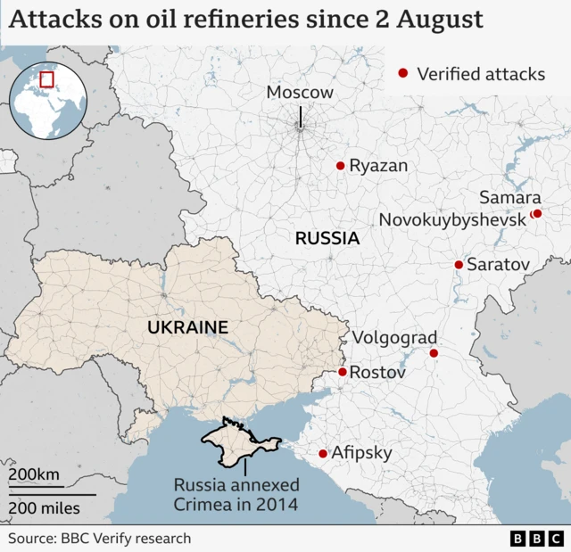 A map showing attacks on oil refineries since 2 August