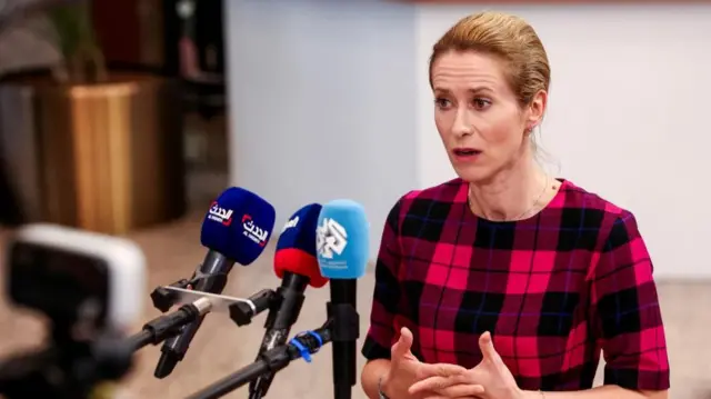 Kaja Kallas is speaking into a group of three microphones, with a serious expression on her face. She has blonde hair tied back, and  is wearing a pink and black checkered dress.