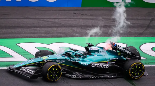 The damaged Aston Martin of Lance Stroll after he crashed at Turn Three during Dutch Grand Prix second practice