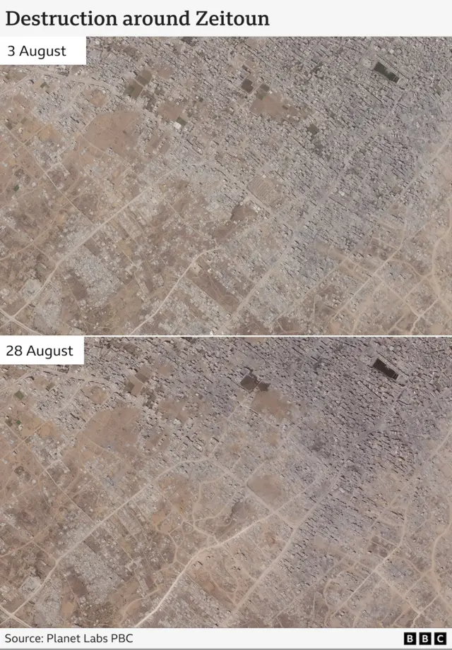 Satellite images of the destruction around Zeitoun on 3 and 28 August