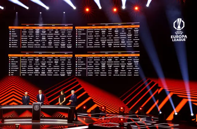 The screen shows all the fixtures of the teams in the UEFA Europa League during the UEFA Europa League and UEFA Conference League Group league phase draws at the Grimaldi Forum in Monaco, 29 August 2025.