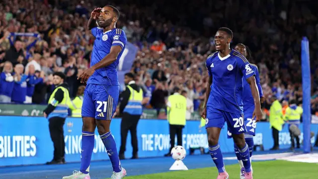 Ricardo Pereira salutes the Leicester fans after scoring against Birmingham