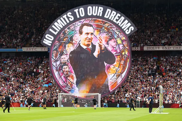A giant tifo of Aston Villa manager Unai Emery is seen ahead of the Premier League match between Aston Villa and Newcastle United at Villa Park on August 16, 2025 in Birmingham, England.