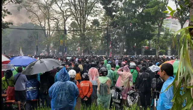 A large group of protestors gathered in the rain