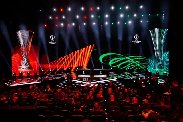 A general view inside the auditorium prior to the UEFA Europa League 2025/26 League Phase Draw at Grimaldi Forum on August 29, 2025 in Monaco, Monaco.
