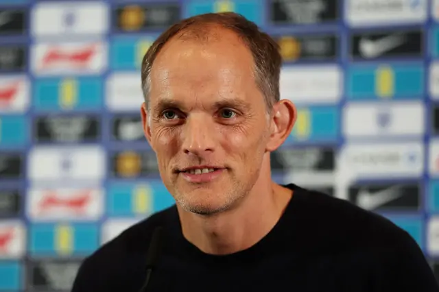 Thomas Tuchel, Head Coach of England smiles as he speaks to the media during an England Men Press Conference at Hilton Wembley on August 29, 2025 in Wembley, England.