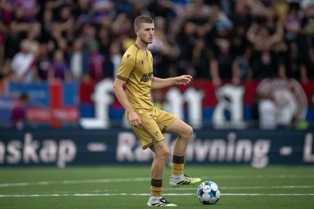 Adam Wharton of Crystal Palace controls ball during the UEFA Conference League Play-off Round Second Leg match between Fredrikstad and Crystal Palace on August 28, 2025 in Fredrikstad, Norway.