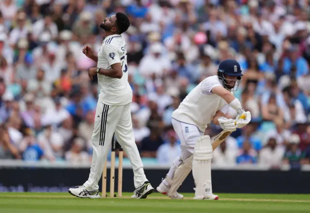 India's Mohammed Siraj reacts to a close chance on day four of the Fifth Rothesay Men's Test at the Kia Oval, London