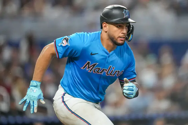 Agustín Ramírez of the Miami Marlins runs to first base