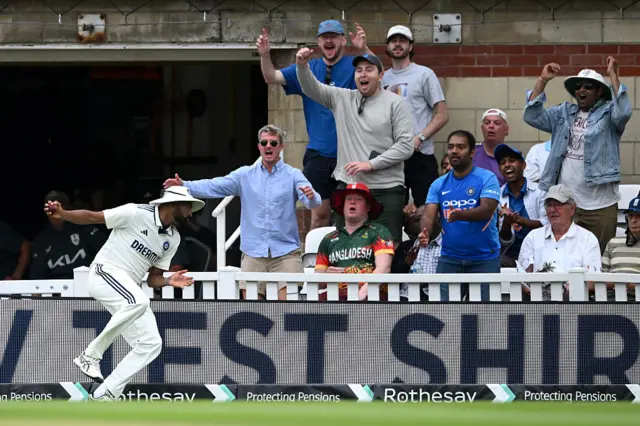 Mohammed Siraj of India steps on the boundry while catching Harry Brook of England
