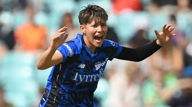 Issy Wong of London Spirit reacts