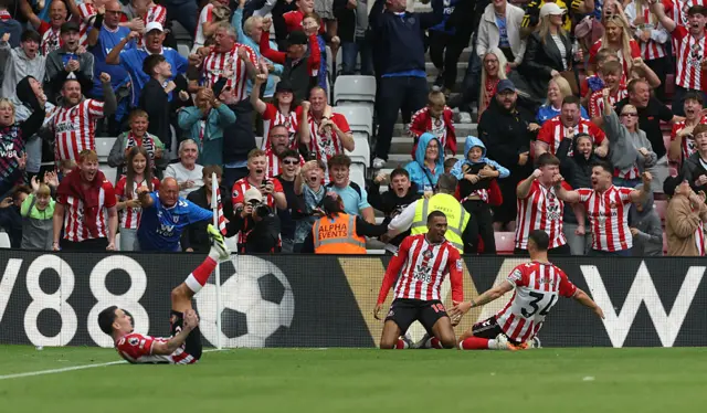 Wilson Isidor of Sunderland celebrates with Granit Xhaka after scoring his team's second goal during the Premier League match between Sunderland and Brentford at Stadium of Light on August 30, 2025 in Sunderland, England.