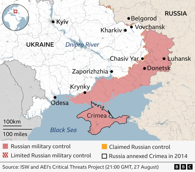 A map of Ukraine marking out key areas including Kyiv, Crimea, Odesa, Kharkiv. In red is areas under Russian control - Donetsk, Luhansk, Crimea are the main areas.