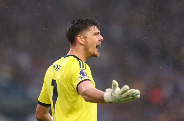 Nick Pope of Newcastle United reacts during the Premier League match between Leeds United and Newcastle United at Elland Road on August 30, 2025 in Leeds, England.
