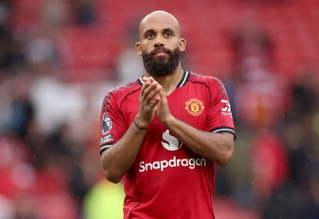 Bryan Mbeumo of Manchester United applauds fans after the English Premier League soccer match between Manchester United and Burnley