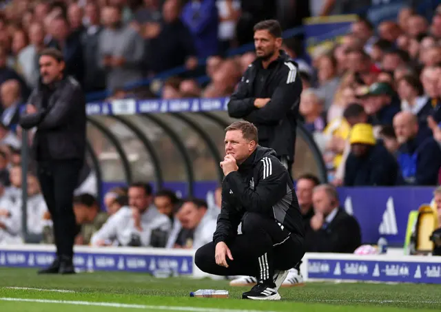 Eddie Howe, Manager of Newcastle United, reacts during the Premier League match between Leeds United and Newcastle United at Elland Road on August 30, 2025 in Leeds, England.
