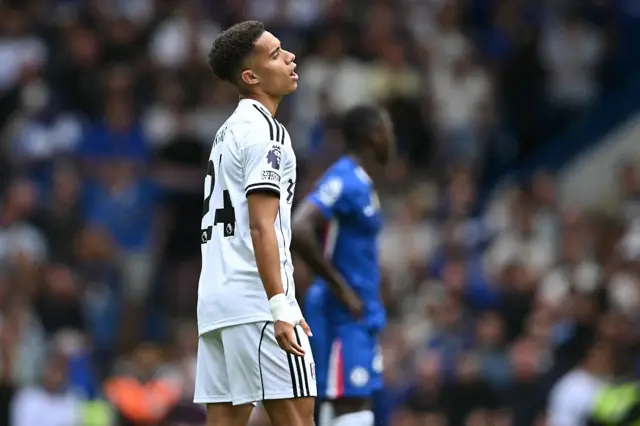 Fulham's English midfielder #24 Josh King reacts to seeing his goal disallowed for a foul in the build-up