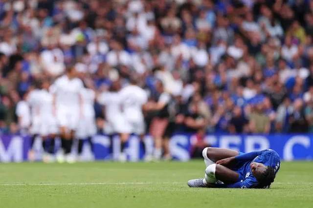 Trevoh Chalobah of Chelsea reacts after Joshua King of Fulham (not pictured) scores his sides goal which is later disallowed during the Premier League match between Chelsea and Fulham at Stamford Bridge on August 30, 2025 in London, England.