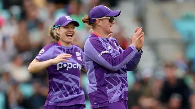Hollie Armitage of Northern Superchargers celebrates after taking the wicket of Issy Wong of London Spirit