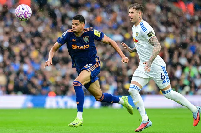 William Osula of Newcastle United (18) chases the ball during the Premier League match between Leeds United and Newcastle United at Elland Road on August 30, 2025 in Leeds, England.