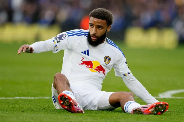 Jayden Bogle of Leeds United on the floor during the Premier League match between Leeds United and Newcastle United at Elland Road on August 30, 2025 in Leeds, England. (