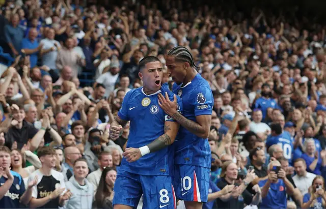 Enzo Fernandez of Chelsea goal celebration with Joao Pedro of Chelsea after scoring a penalty kick to put Chelsea 2-0 ahead during the Premier League match between Chelsea and Fulham at Stamford Bridge on August 30, 2025 in London, England.