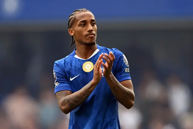 Joao Pedro of Chelsea applauds the fans following the Premier League match between Chelsea and Fulham at Stamford Bridge on August 30, 2025 in London, England.