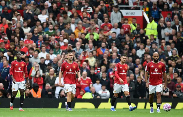 Manchester United's Kobbie Mainoo, Luke Shaw, Diogo Dalot and Bryan Mbeumo react after Burnley's second goal