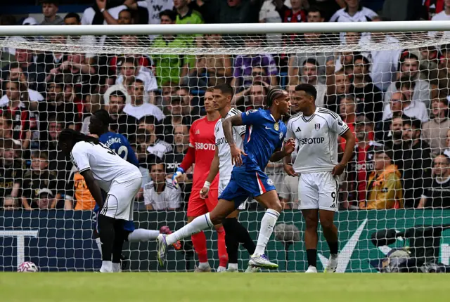 Joao Pedro of Chelsea celebrates scoring his team's first goal during the Premier League match between Chelsea and Fulham at Stamford Bridge on August 30, 2025 in London, England.
